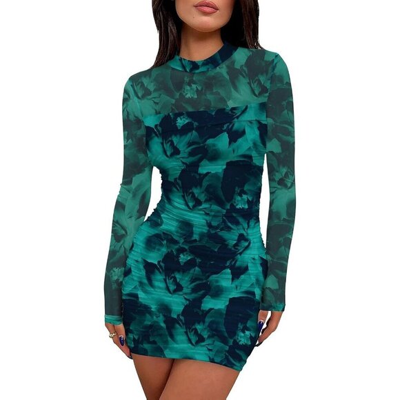 Dresses & Skirts - Women's Lake Blue Print Long Sleeve Ruched Bodycon Neck  Mini Party Dresse